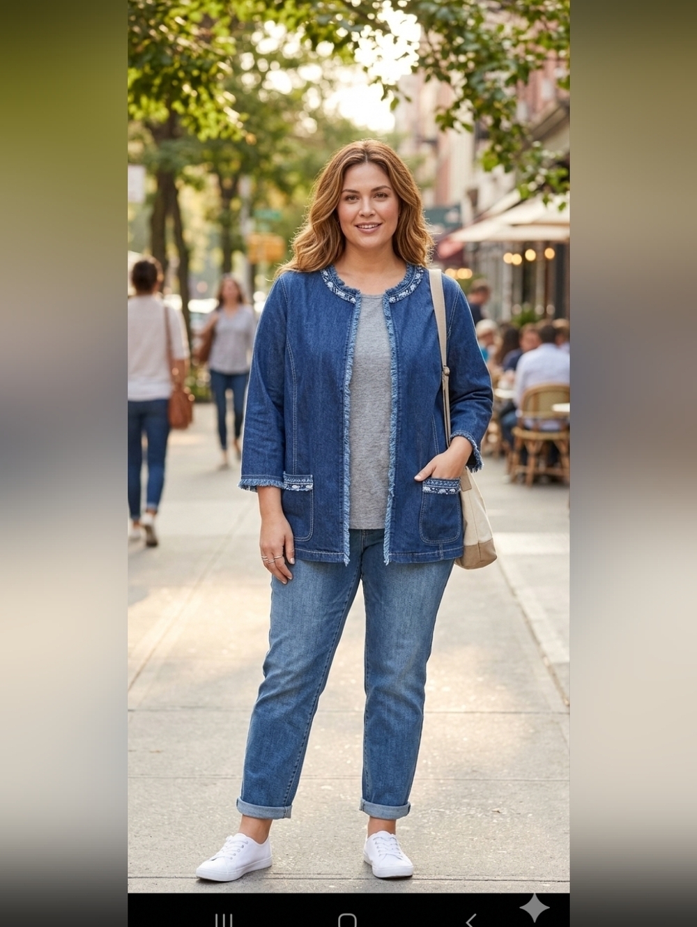 Alfred Dunner Blue Denim Jacket With Embroidered Trim & Flinged Edges Size 16